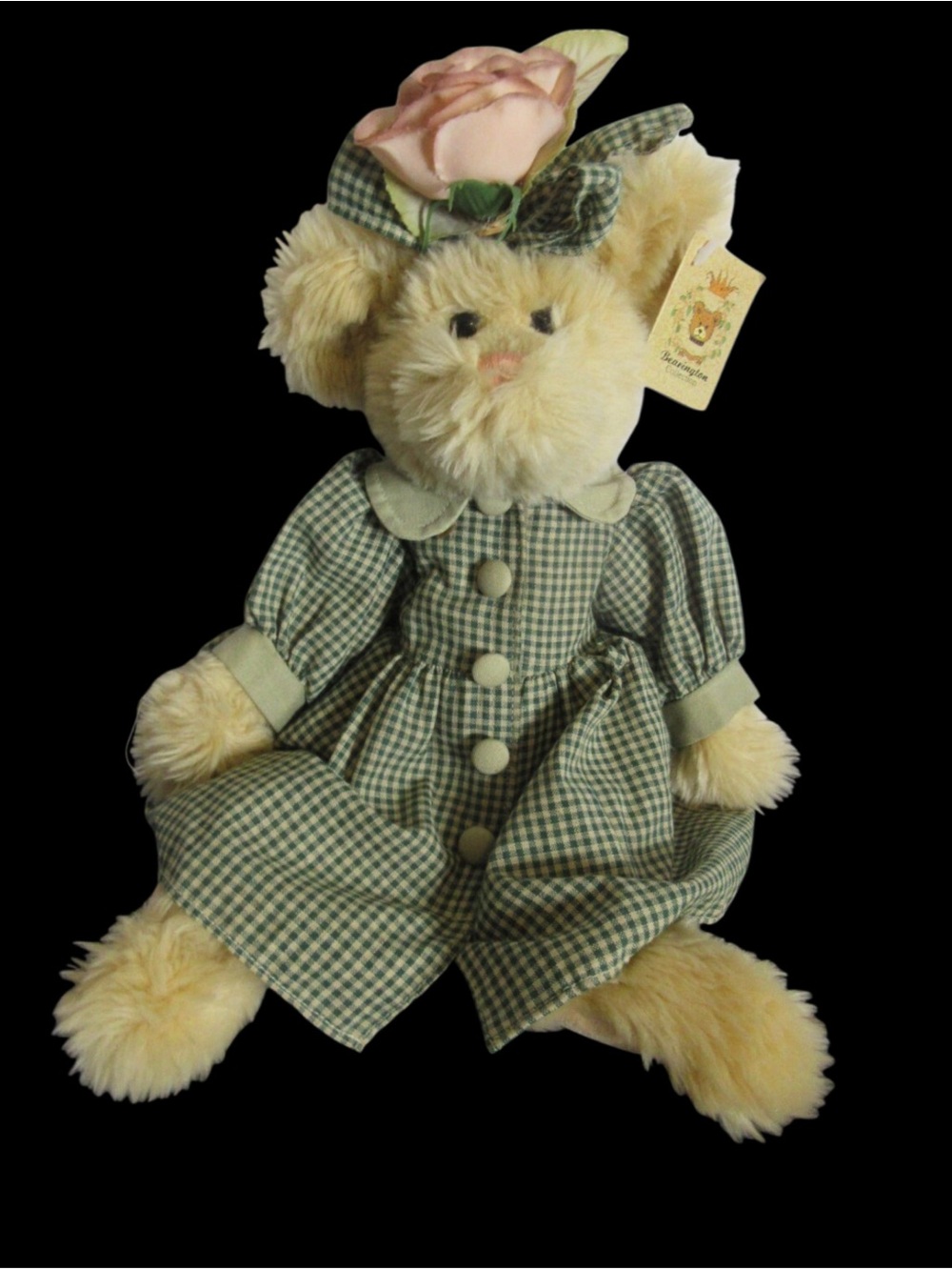 Bearington Plush Bunny in Green Gingham Dress with Pink Flower Hat